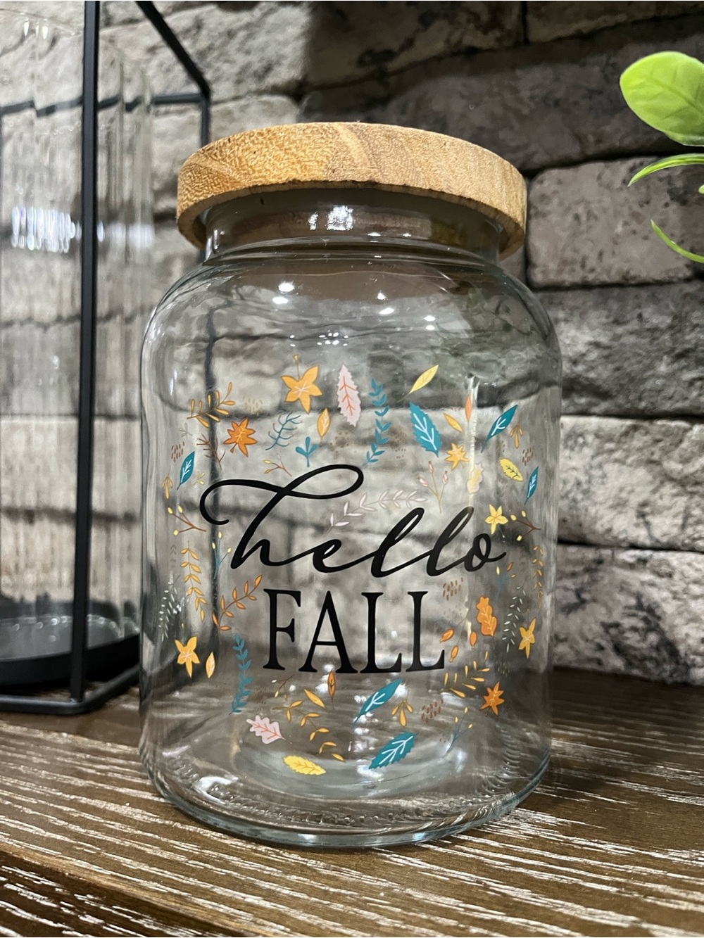 Hello Fall Glass Jar with Wood Lid New